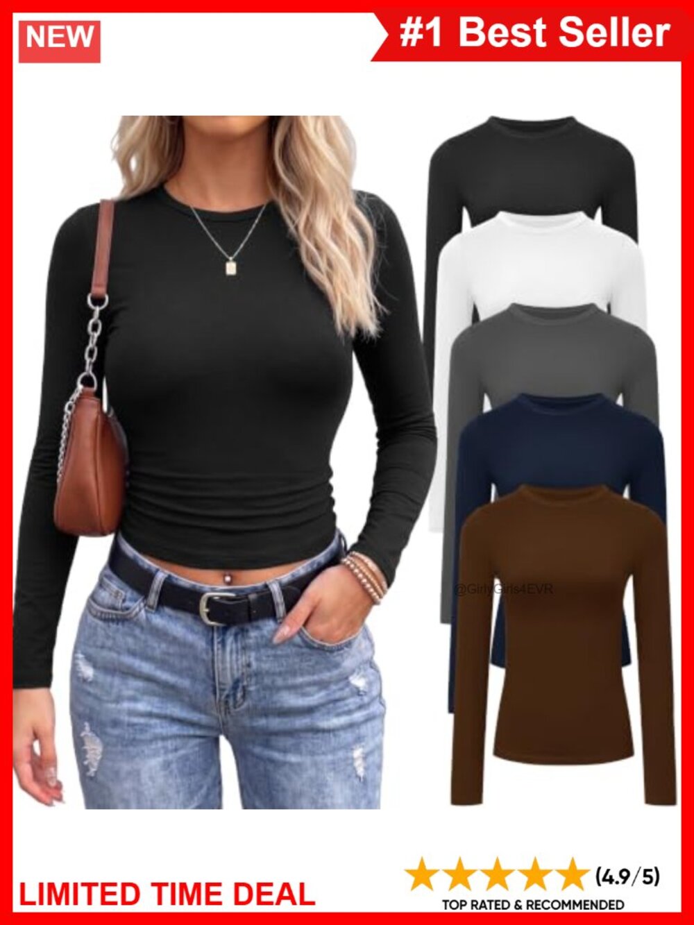 5 Pack Long Sleeve Shirts Women Slim Fit Crew Neck Basic Tops